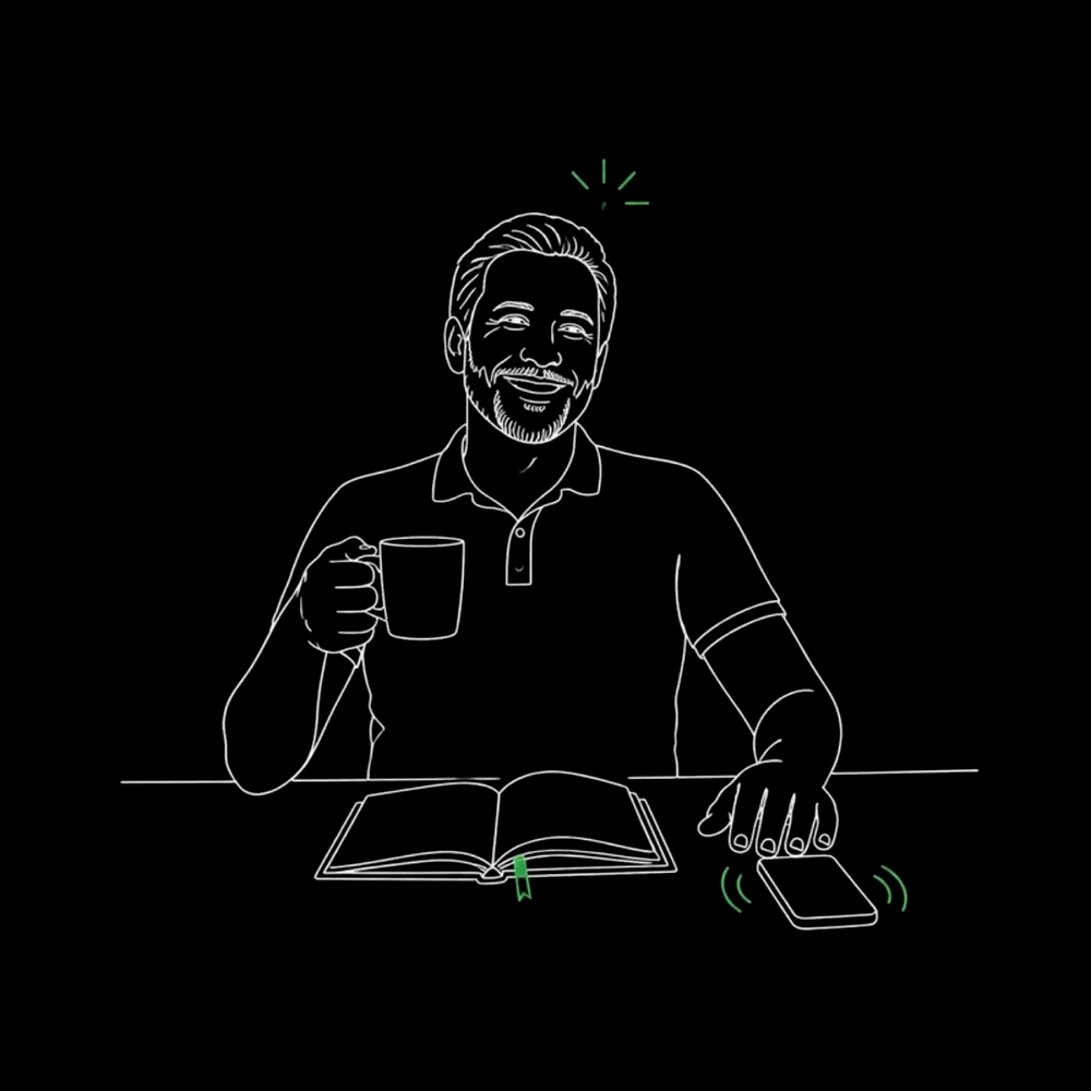 Sketch of a happy business owner at a desk with the phone ringing