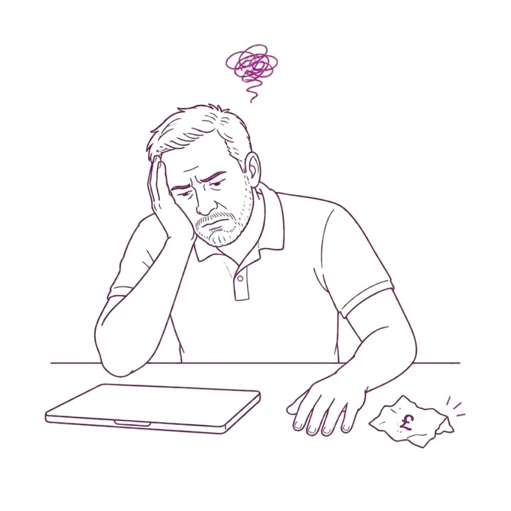 Sketch of a fed-up business owner slumped at a desk beside a bill