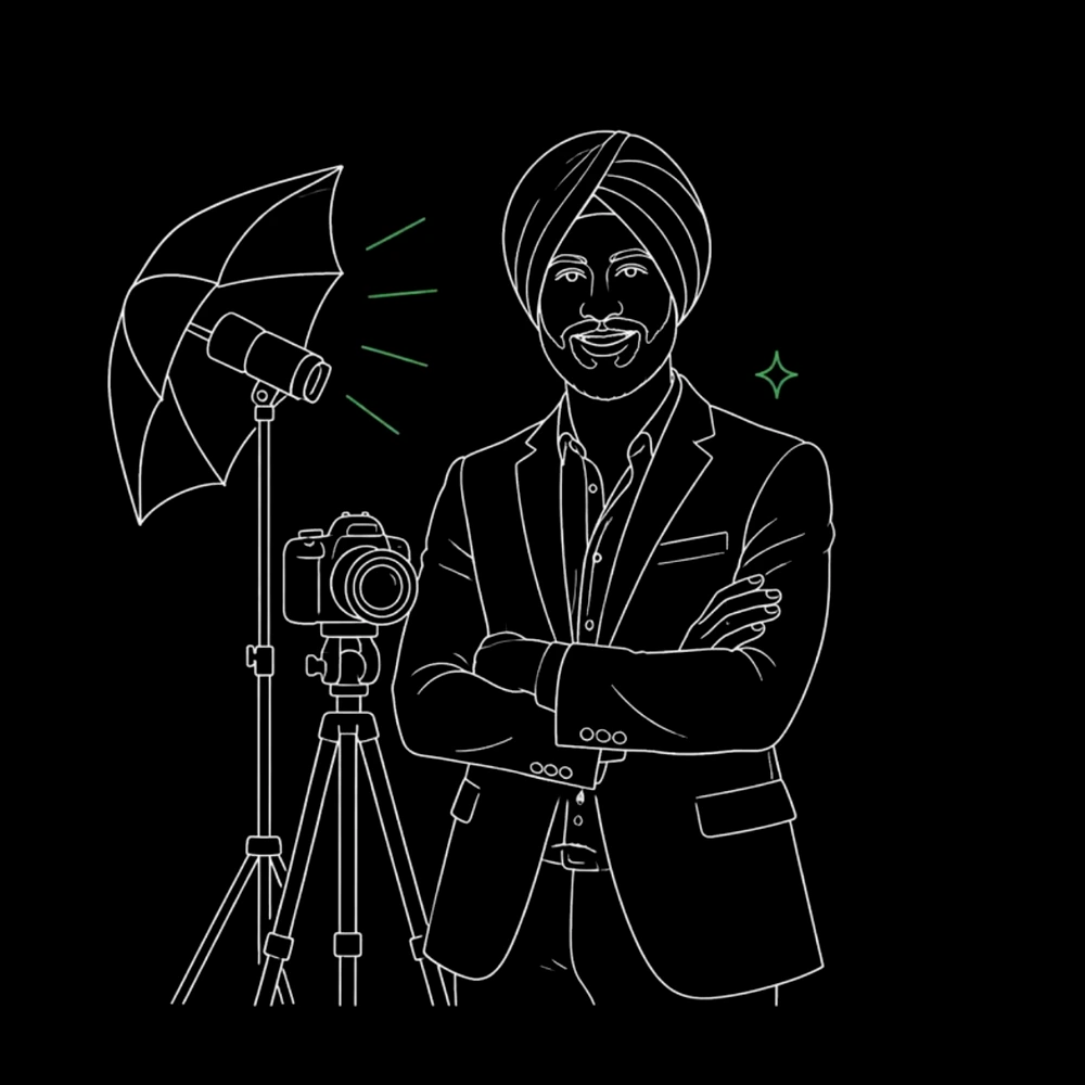 Sketch of a confident professional, arms folded and smiling, beside a camera and studio light