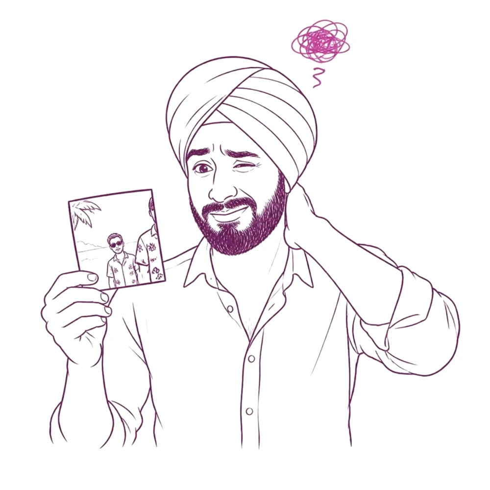 Sketch of an embarrassed professional holding up a badly cropped holiday snapshot