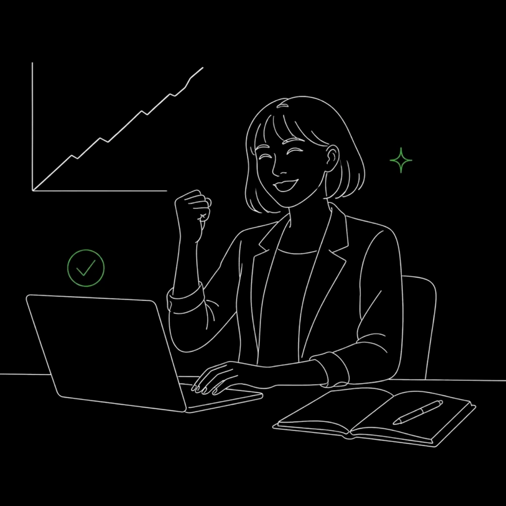 Sketch of the same business owner sitting confidently at her laptop with a notebook beside her and a graph rising behind her