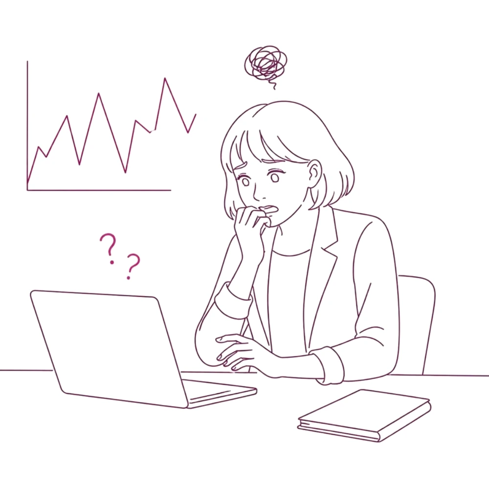 Sketch of a nervous business owner biting her nails at a laptop covered in question marks, with a tangled graph behind her