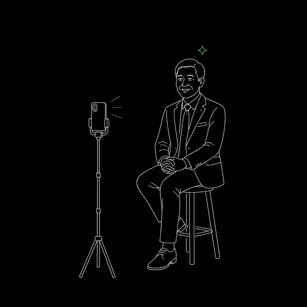 Sketch of a relaxed business owner on a stool being filmed by a phone on a simple stand