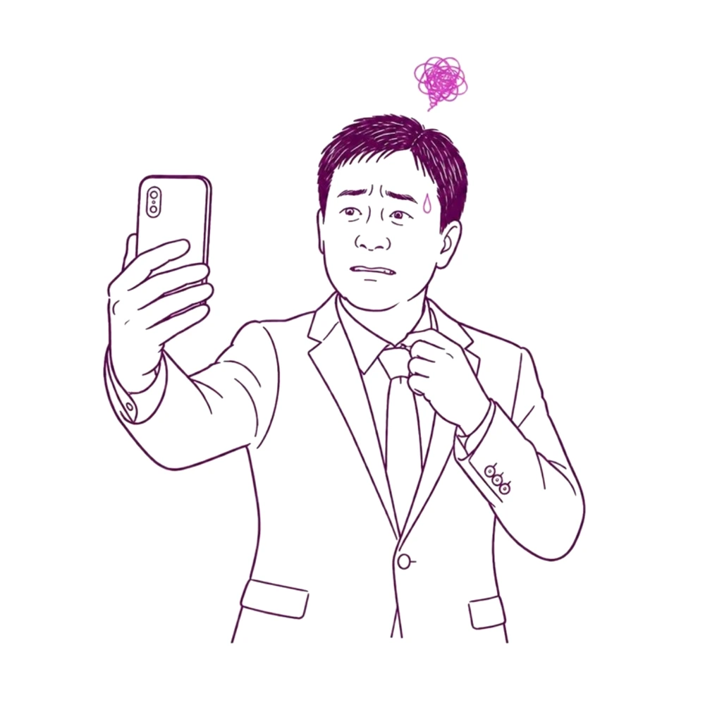 Sketch of an awkward business owner filming himself on a phone held at arm's length