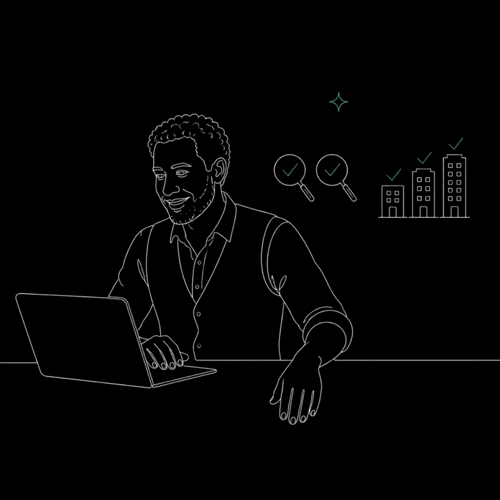 Sketch of the same business owner relaxed at his laptop, with two search windows and three companies ticked