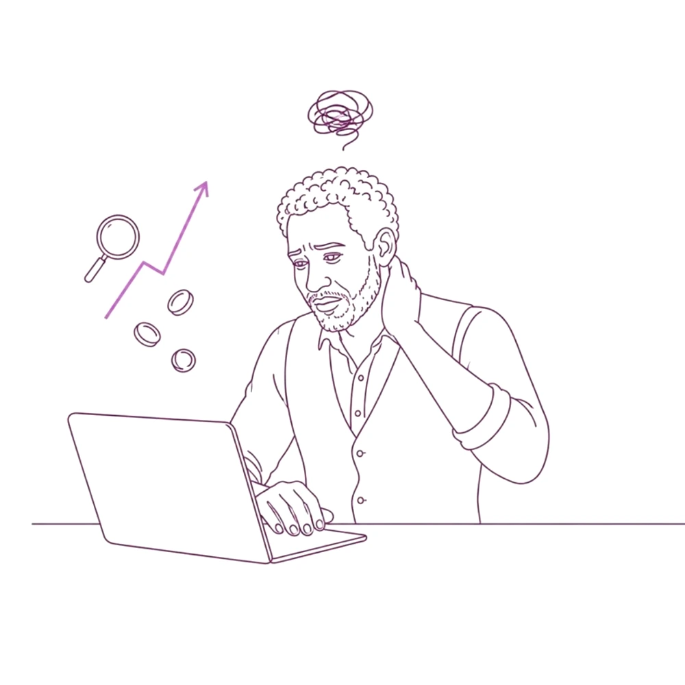 Sketch of a worried business owner at a laptop, watching a single search window with rising costs