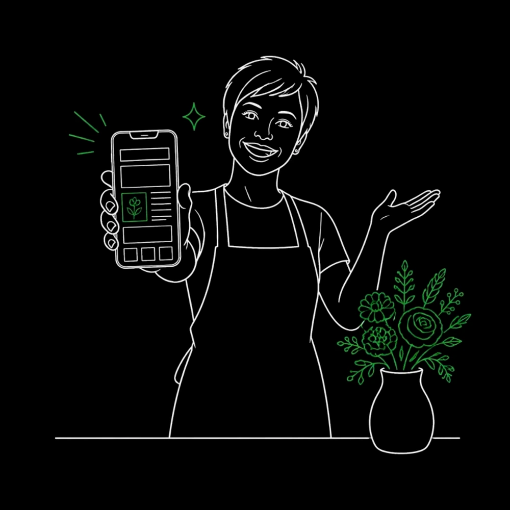 Sketch of a proud shop owner holding out her phone to show her website