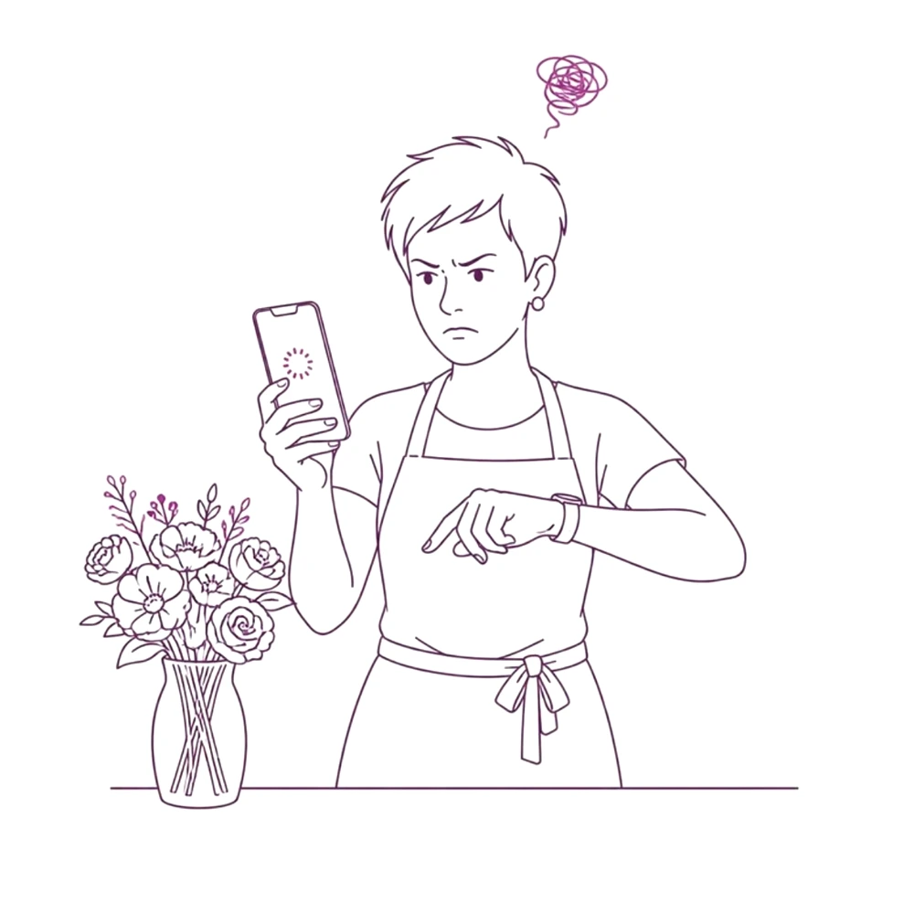 Sketch of an impatient shop owner tapping her watch while her phone shows a loading spinner