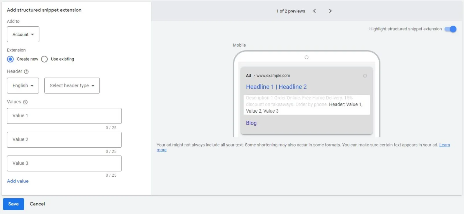 Google Ads Structured Snippet Extensions