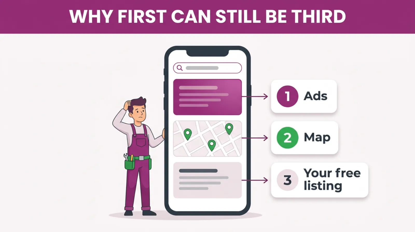 On a search for your name, ads sit above the map, and the map sits above the free results.