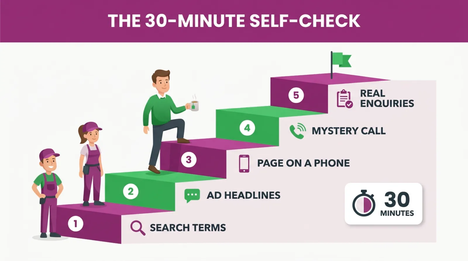 A 30-minute self-check for a Google Ads account, in five steps from the search terms report to counting real enquiries.
