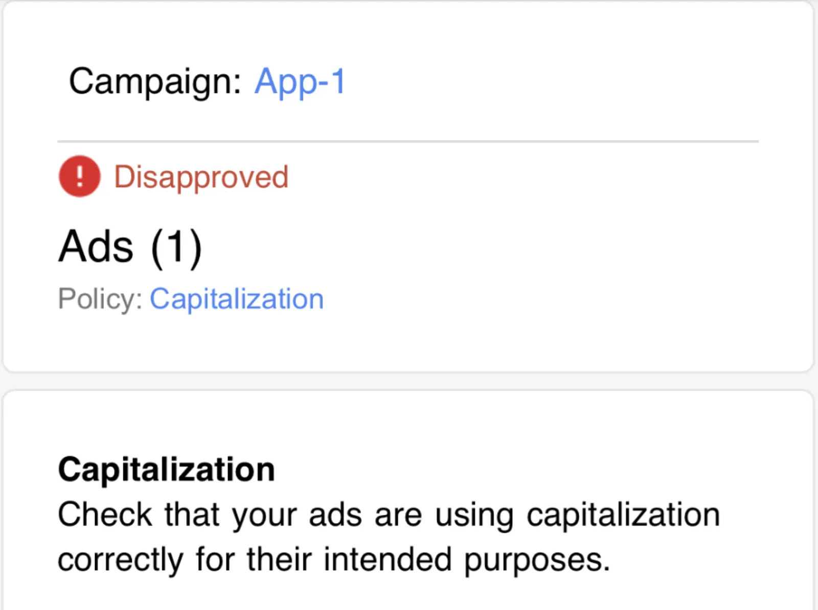 Google Ads Disapproved Capitalization Examples