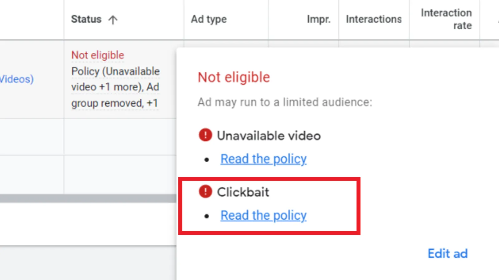 Google Ads Disapproved Clickbait Meaning