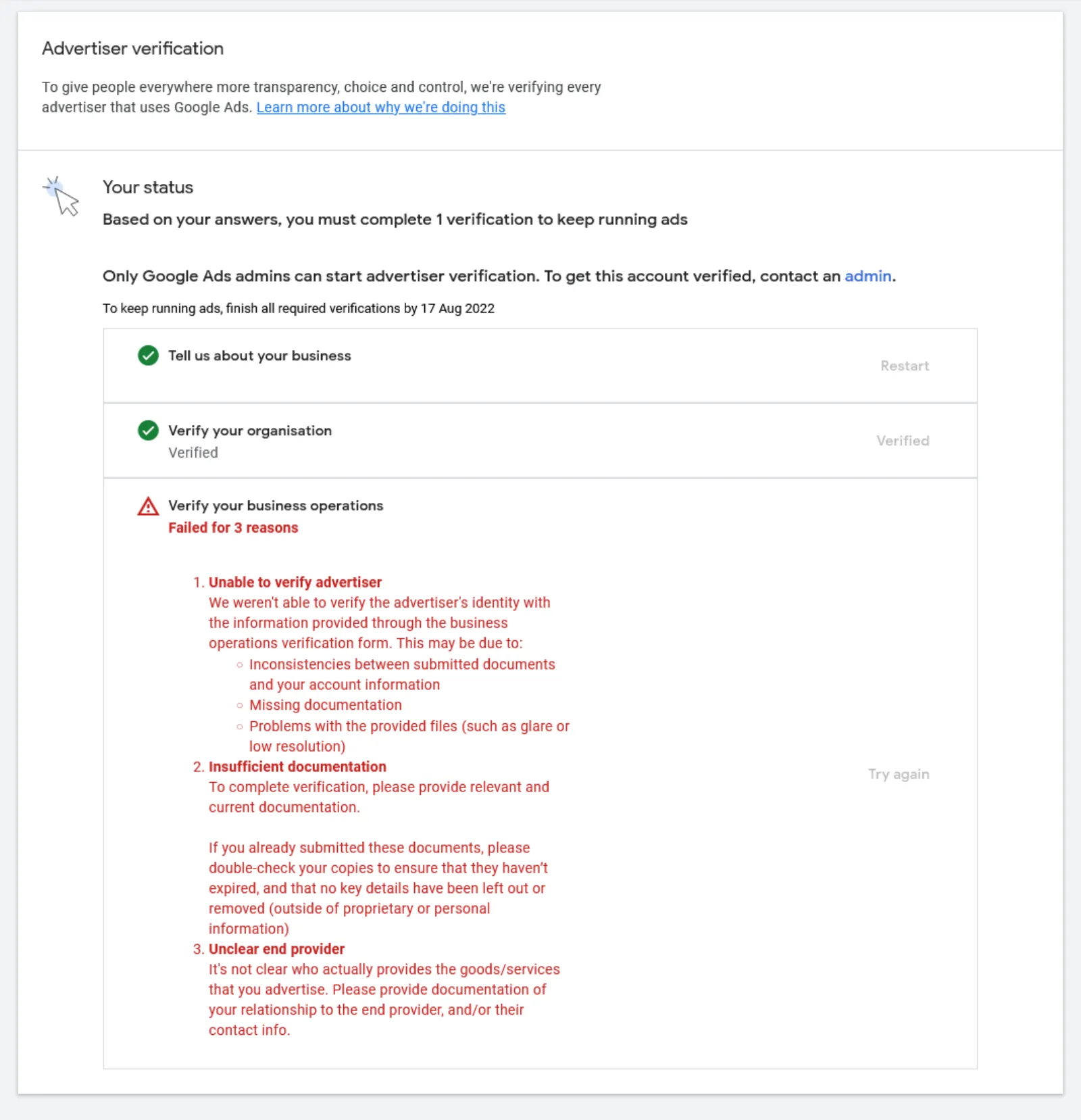 Google Ads Advertiser Verification Documents
