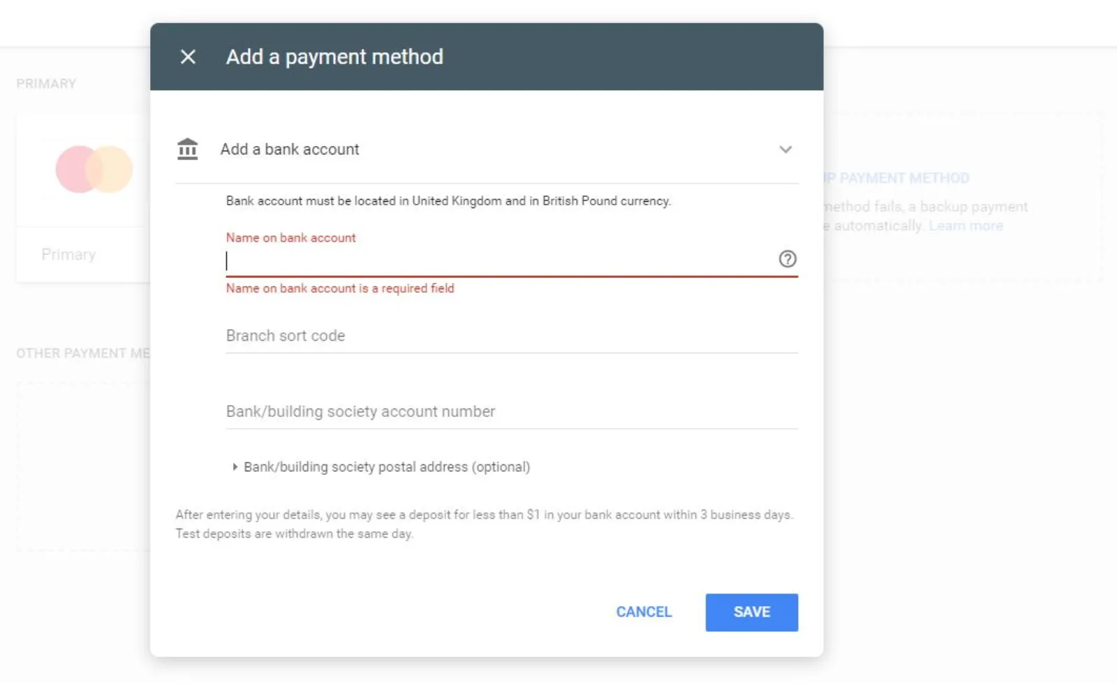 Google Ads Payment Methods Bank