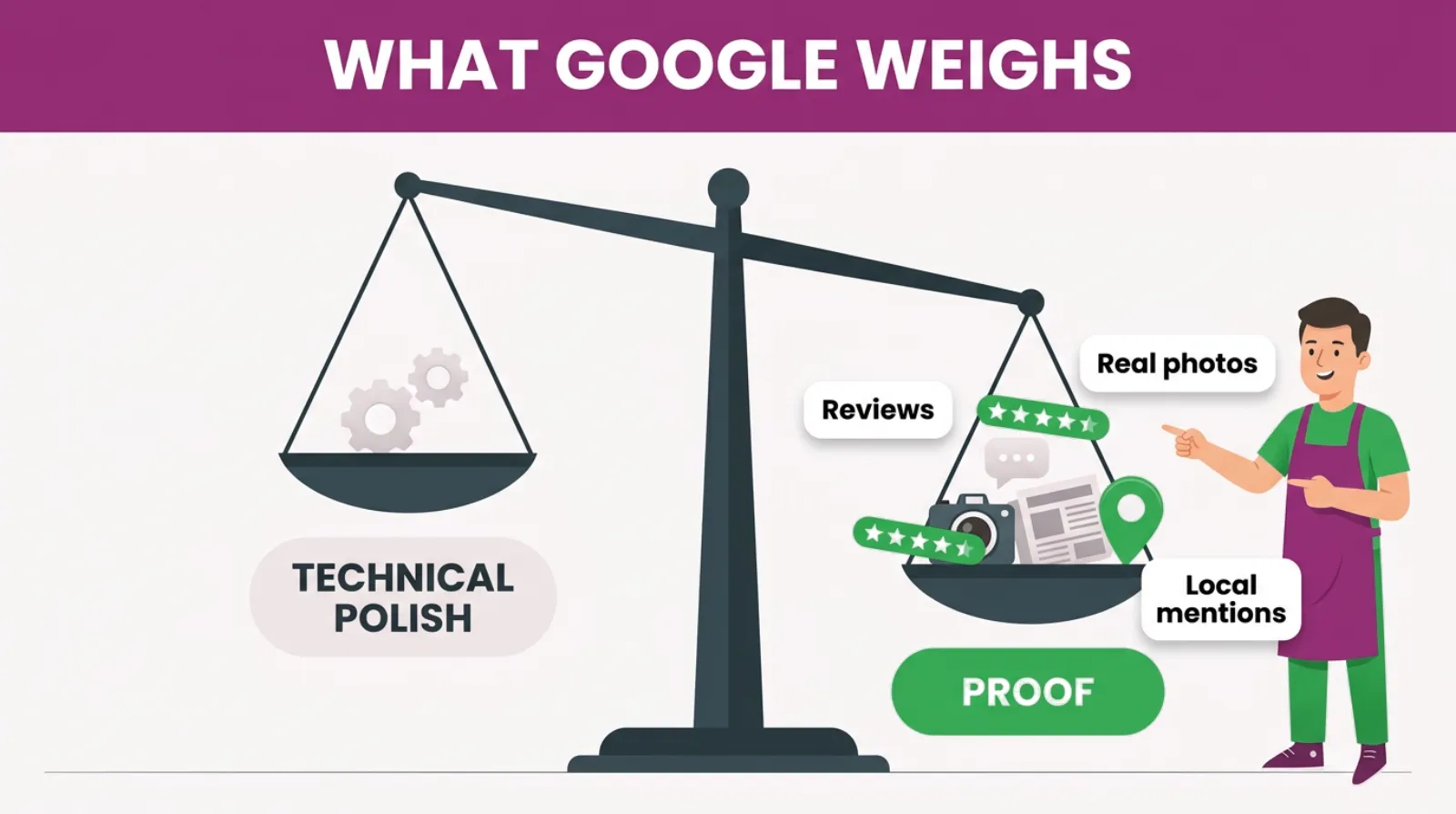 For a local business, proof weighs far more with Google than technical polish.