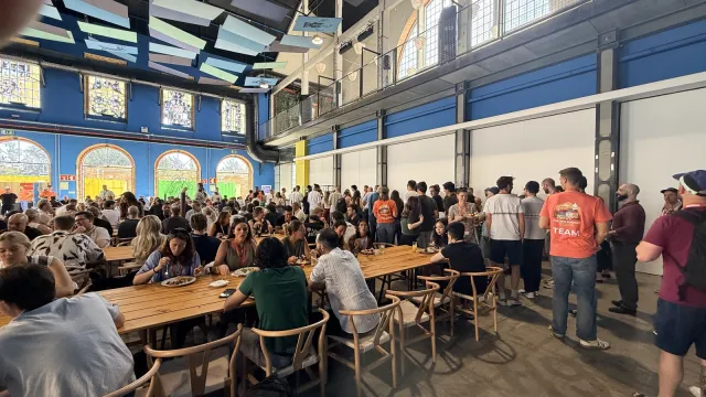 Lunch at long shared tables at LX Factory
