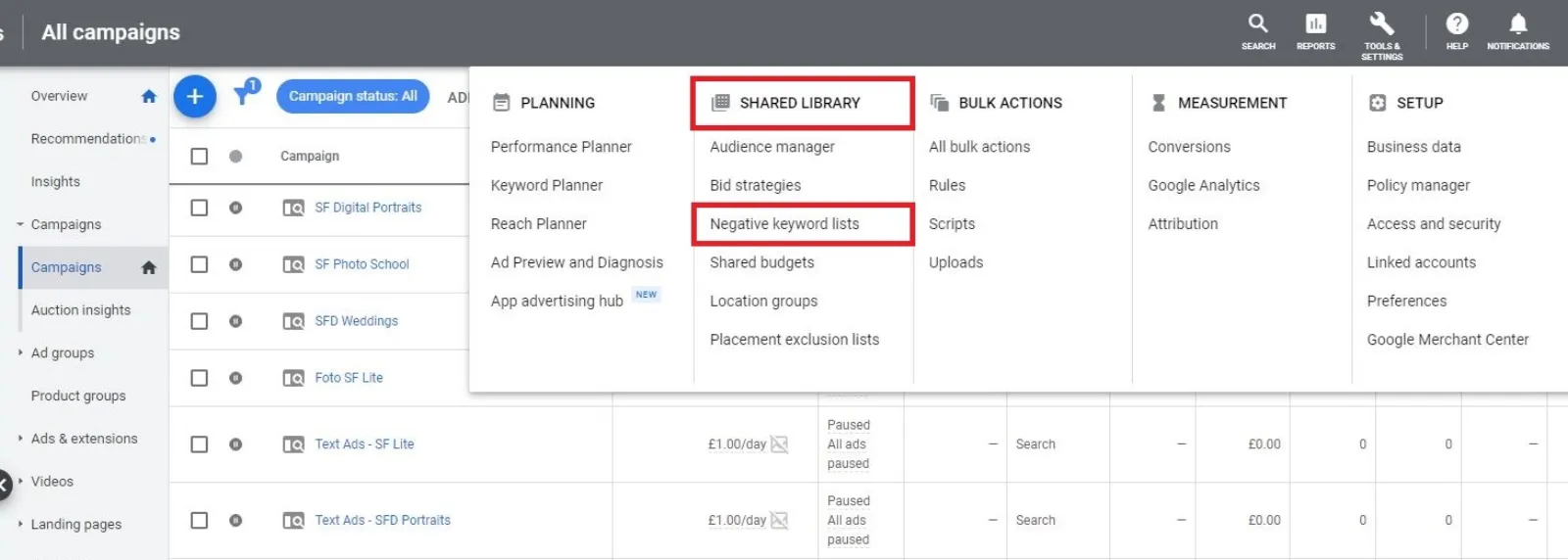 Google Ads Negative Keyword Lists