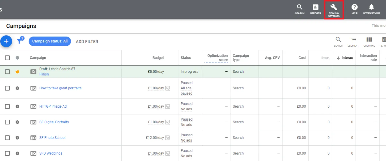 Google Ads Tools and Settings