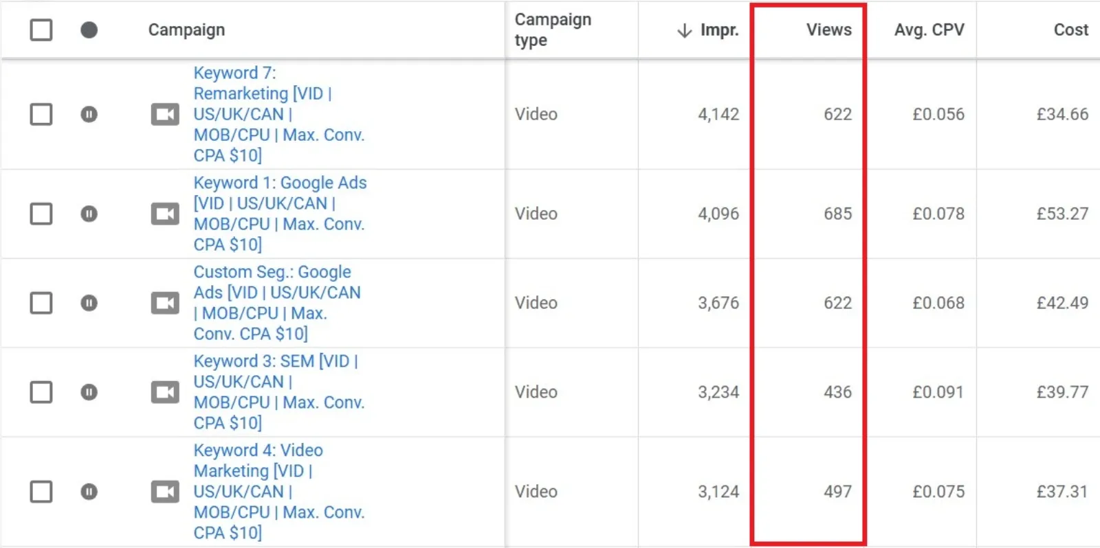 Video Views (For Video Campaigns)