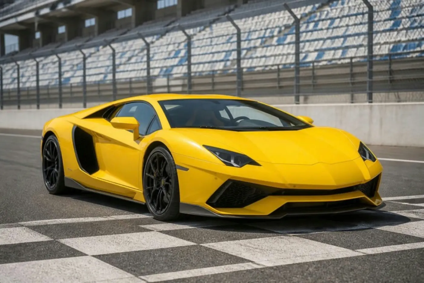A yellow supercar on a race track start line