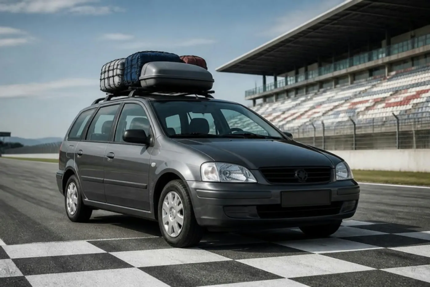 An ordinary family car with luggage on the roof, on a race track start line