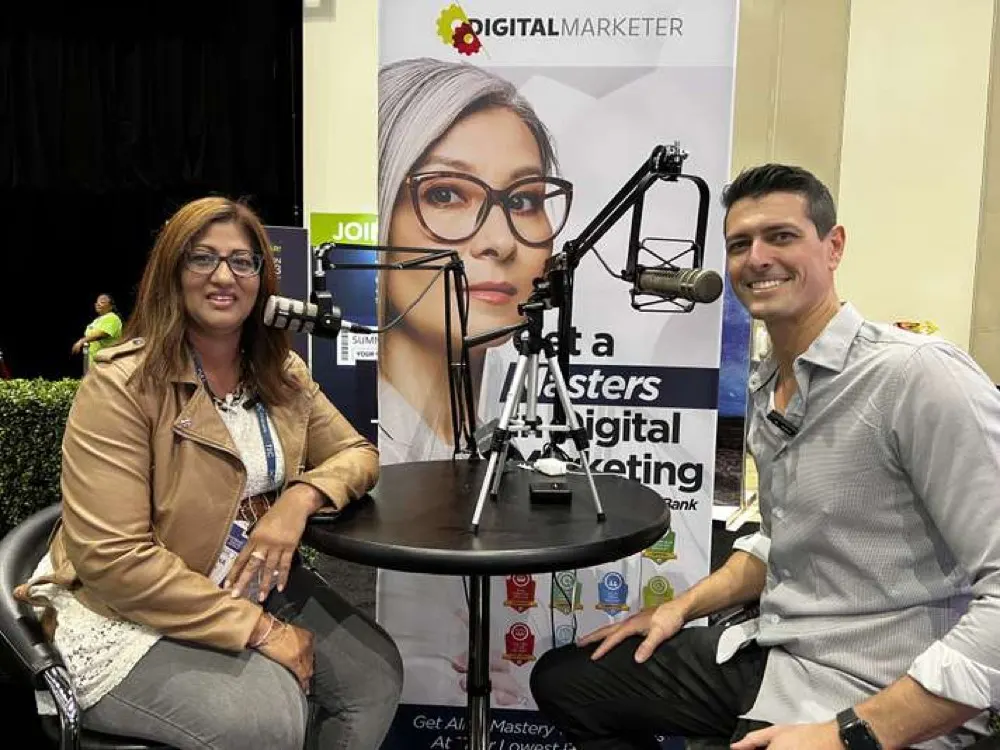 Farzana recording a podcast in San Diego