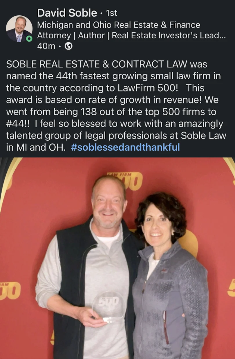 David Soble's LinkedIn post: Soble Real Estate and Contract Law named the 44th fastest growing small law firm, up from 138