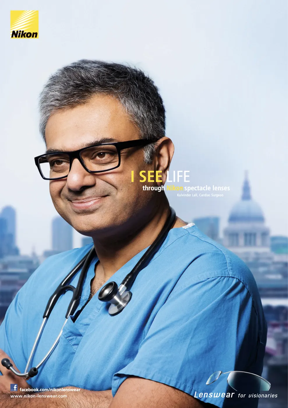 Nikon I SEE campaign poster: a headshot of a cardiac surgeon wearing Nikon spectacle lenses